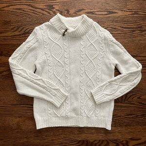 Cream cowl neck knit sweater with toggle button detail—size 8